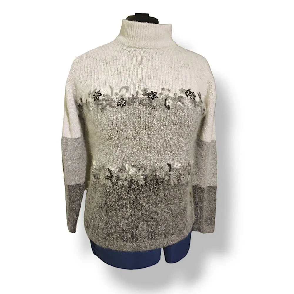 VTG Garland Soft Silk Nylon Angora Lambswool Mock Neck Sweater Flowers Size S